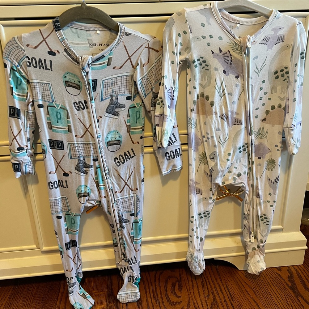 Two Posh Peanut One-Piece Pajamas - hockey and dinosaur 3-6 months